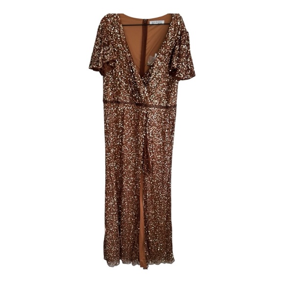 Mac Duggal Copper Sequined Wrap Over 18 Butterfly Sleeve Draped Gown Formal - Picture 6 of 12